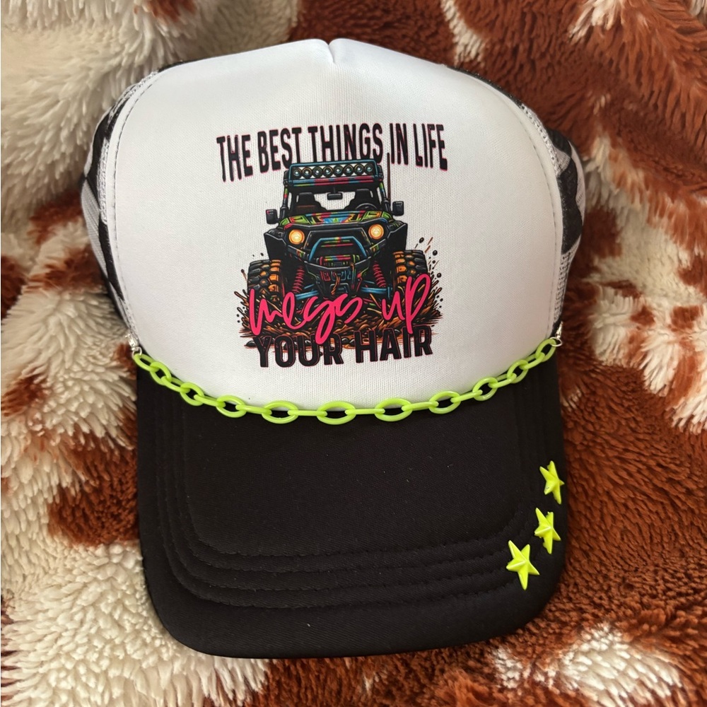 Black and White Graphic Trucker Hat with Neon Accents